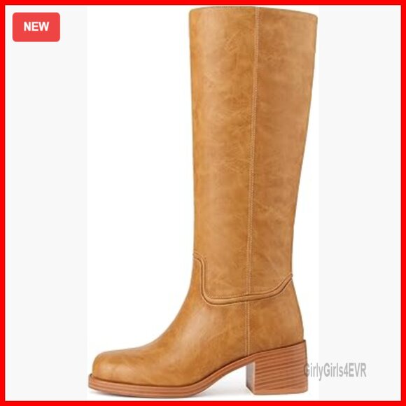Knee High Boots Chunky Block Heel Square Toe Pull On Fashion Boots